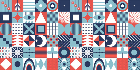 Retro geometric seamless pattern, abstract colorful shapes background, vector illustration, repeat print, wallpaper, fabric, wrapping, border design