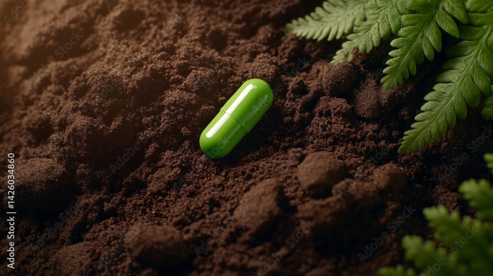 Poster close-up view of a transparent green capsule resting on a large fern leaf over moist soil, warmly li