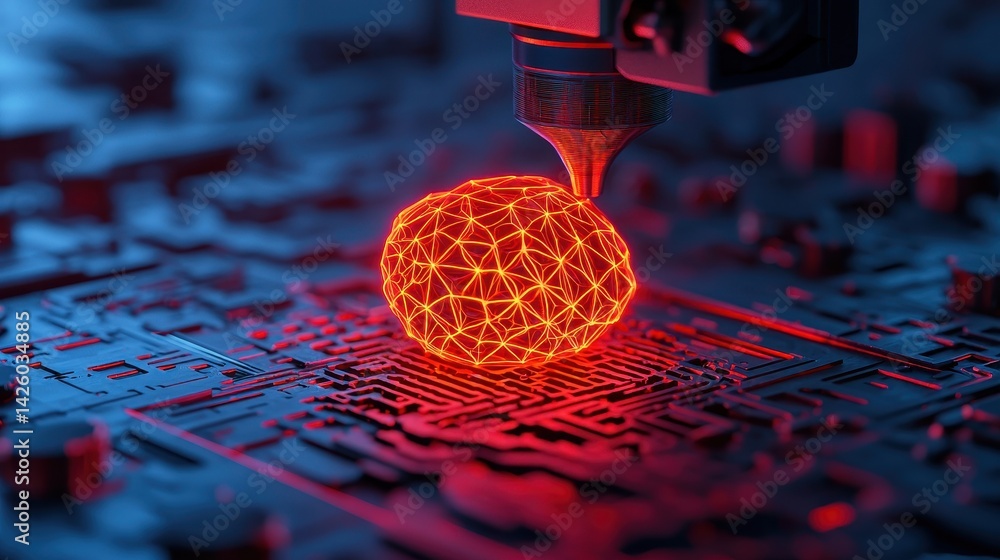 Poster 3d printing technology concept with red wireframe object on circuit board in futuristic setting