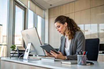 Obraz premium Young professional woman using a tablet, engaged in work at a corporate office. (People)