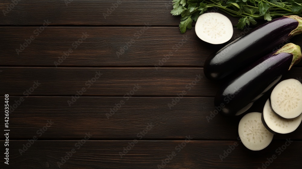 Poster black and white vegetables are artistically arranged on a dark wooden surface, featuring sliced eggp