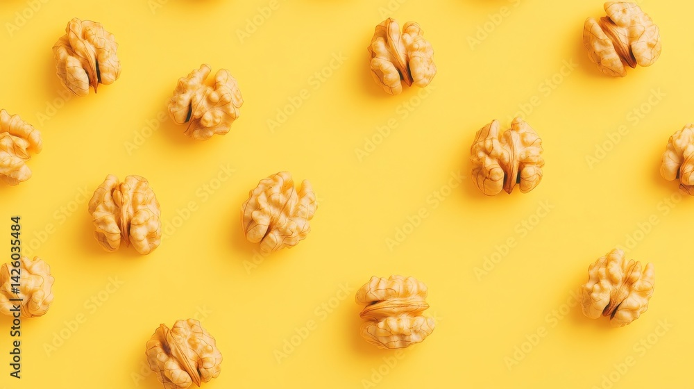 Poster shelled walnuts are arranged in a playful pattern against a bright yellow background, offering an ey