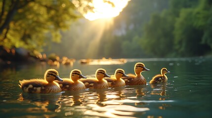 Fototapeta premium Golden ducklings morning swim images