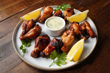 Grilled chicken legs and sauce ready to eat on a plate