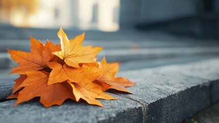 Vibrant Autumn Leaves Piled on Weathered Stone Steps in Soft Natural Light