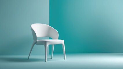 Pastel blue background with minimalist white chair for copy space