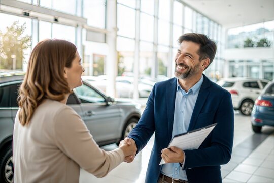 Smiling car salesperson shaking hands with a customer, finalizing a purchase agreement in a dealership showroom. (People)