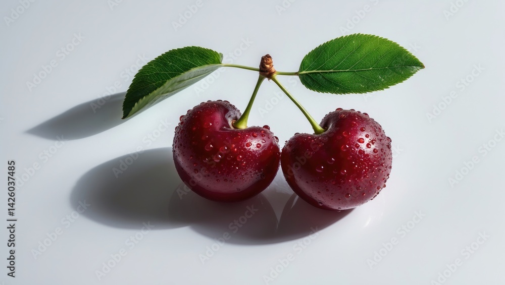 Poster cherry with leaves isolated on background for flat lay and top view with copy space