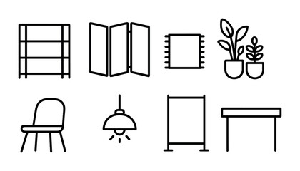 Home decor icons set: minimalist line design featuring furniture and accessories