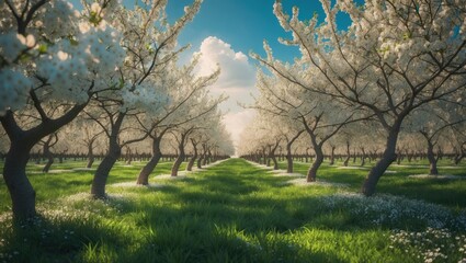 Fototapeta premium Springtime view of a blossoming young orchard