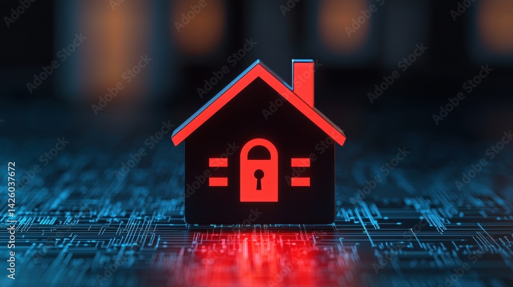 Poster digital security concept with a house icon feature lock symbol on a circuit patterned background