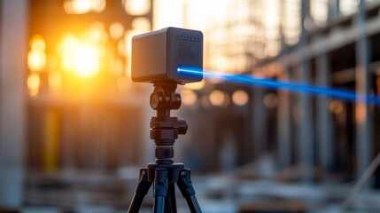 Laser scanner mounted on a tripod projects blue beams over a partially built structure, illuminating the construction site during bright daylight