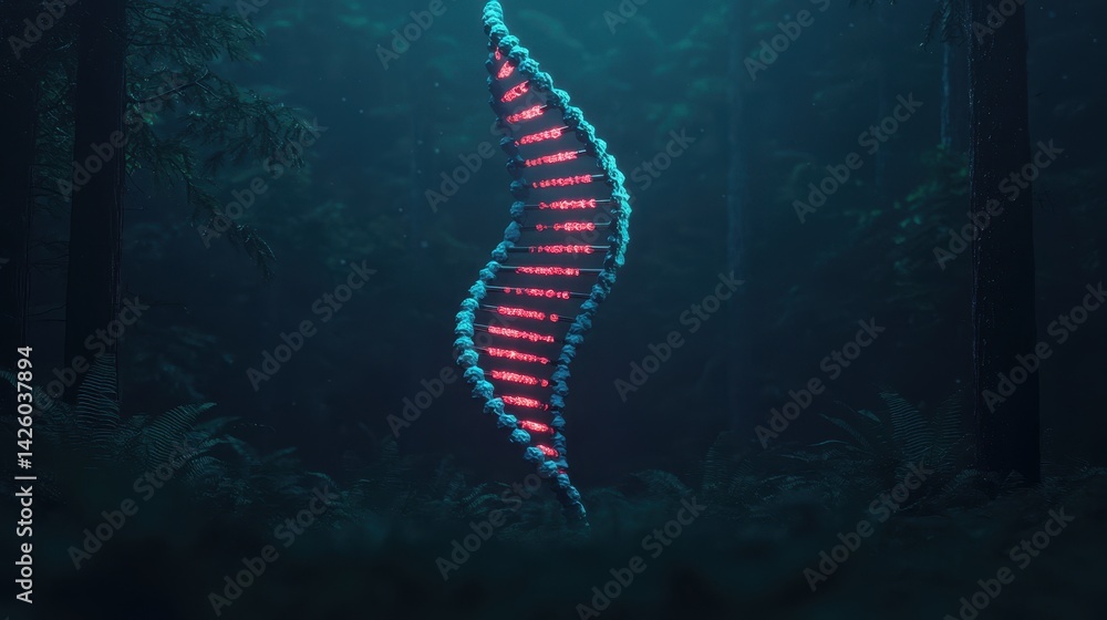 Poster ethereal luminescent dna helix in enchanted forest with mysterious atmosphere and soft glowing light