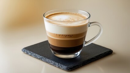 Delicious cappuccino coffee served in a double glass on a black slate wall.