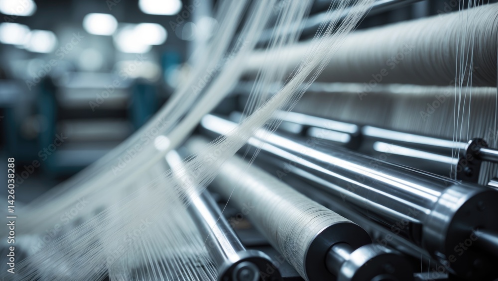 Poster close-up image of a factory weaving loom