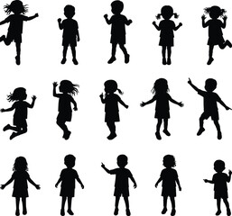 MobileSilhouette Set of Children in Various Poses – Vector Illustration Depicting Kids Jumping, Standing, and Playing with Joy and Energy


