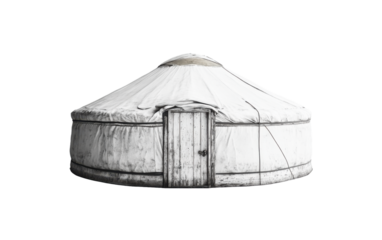 White tent with a wooden door sits on transparent or white background