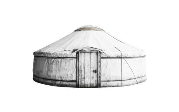 White tent with a wooden door sits on transparent or white background