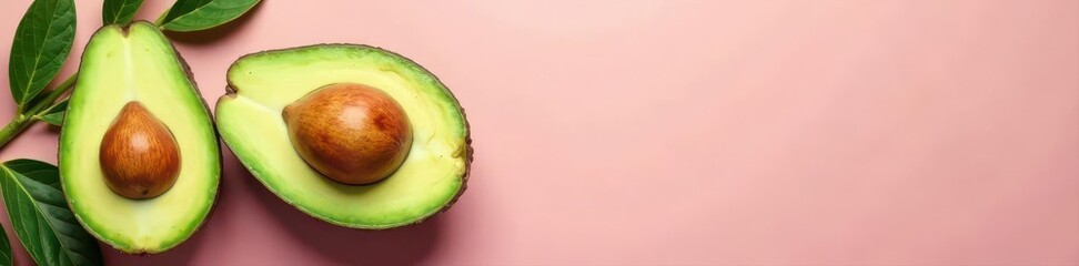 Juicy ripe Fuerte avocado halves & whole, leaves Close up, pink backdrop , smoothie, isolated