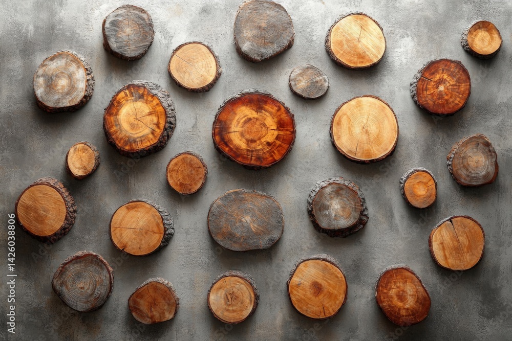 Poster wood slices arranged on a textured wall creating a rustic pattern in a cozy interior setting