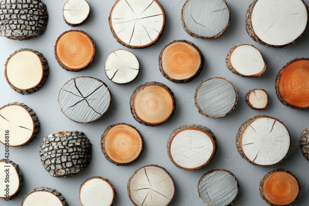 Poster Natural wooden rounds arranged in a flat lay showing varying sizes and textures in a neutral setting