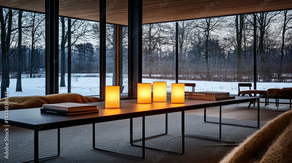 Aufkleber glowing candles illuminate a sleek coffee table surrounded by soft blankets and books, creating a wa