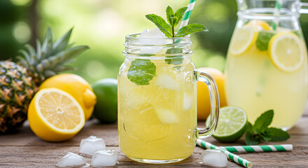 Fototapeta premium Refreshing Lemonade Drink Presentation With Citrus Fruits And Mint Decoration