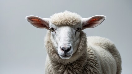 Obraz premium Adorable white sheep lamb with a curious face isolated on white background