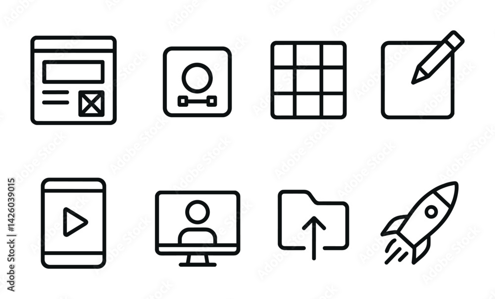 Poster modern technology icons set in minimalist line style for digital projects