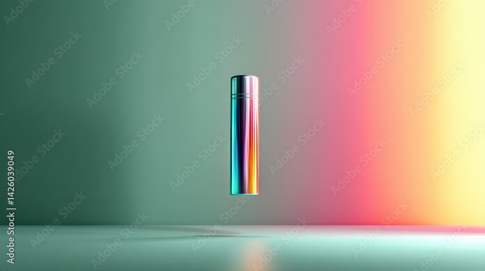 Poster rainbow-colored inhaler floats effortlessly against a soft mint background illuminated by gentle lig