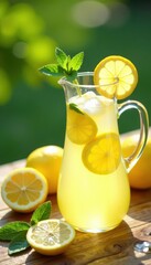 Lemonade pitcher, sliced lemons, ice cubes, sprig of mint, sunlit table, juicy, bright