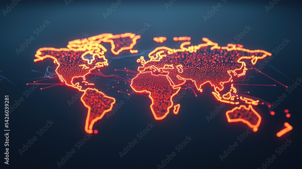 Poster futuristic digital world map with neon red lines and dots representing global connectivity and techn