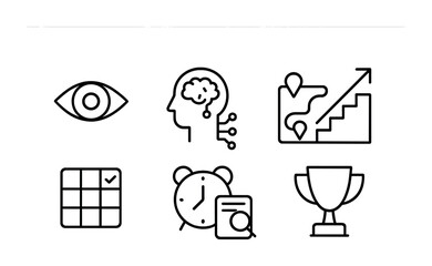 Linear business growth icon set: eye, brain, map, calendar, clock, trophy