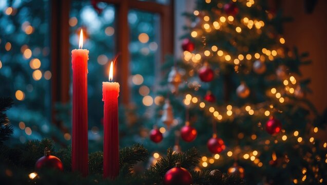 Family gathered with candlelight in front of a tree, background blurred