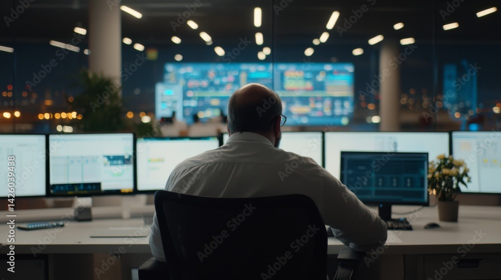 Poster An engineer focuses on crucial data in a refinery control room at night, surrounded by glowing screens that highlight the high-tech atmosphere and operations