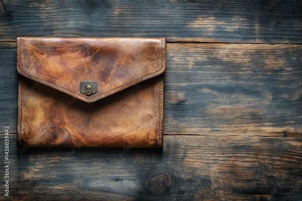 Poster old leather envelope resting on rustic wooden table showcasing its unique texture and vintage charm