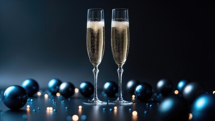 Champagne Cheers with Two Glasses and Festive Decorations on Black Background