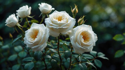 White roses blooming on a rose bush