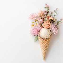 Ice cream cone filled with fresh flowers, perfect for a summer celebration or event decoration near a bright background