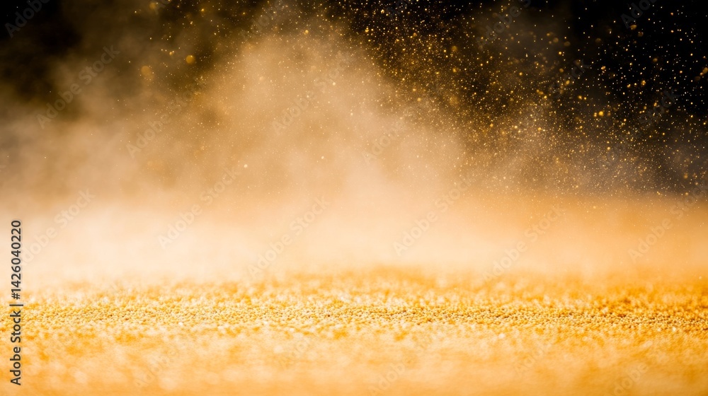 Fototapete A wide-angle view captures a shimmering yellow bokeh with glowing particles, creating an ethereal atmosphere and ample copy space for text