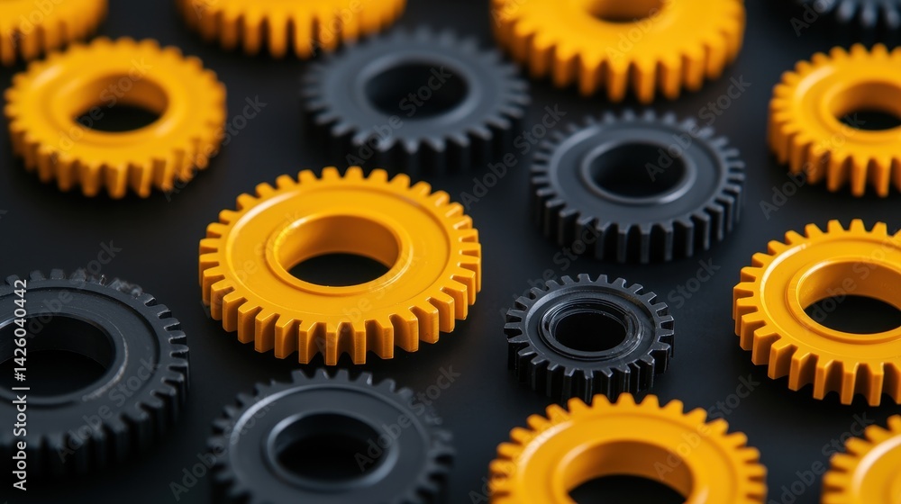 Poster colorful gears and cogs arranged in creative pattern on black background for industrial theme or des