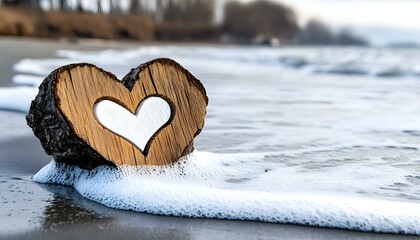 Fototapeta premium Heart Carved in Driftwood on Beach Waves