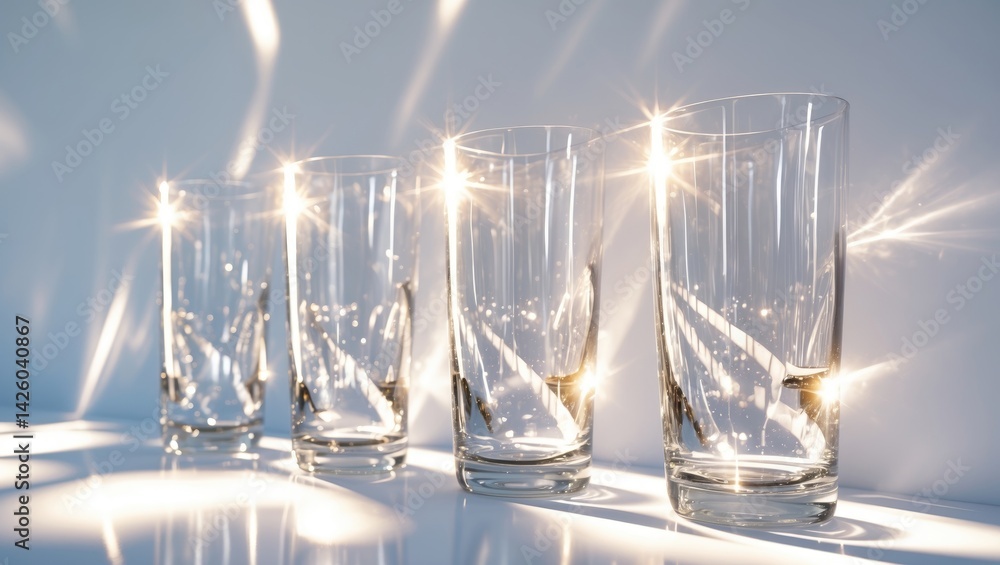 Poster abstract caustic patterns created by glass on a white background with vertical light effects