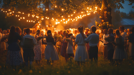 Happy midsummer. Group of people are gathered around a tree, with lights strung up above them. Scene is festive and lively, as people are dancing and enjoying themselves