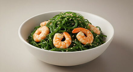 Appetizing Shrimp And Seaweed Salad In White Bowl Ready For Consumption