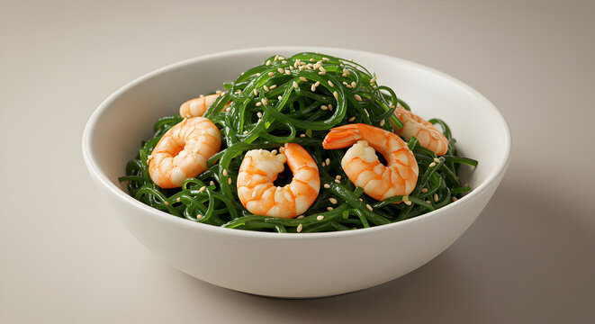 Appetizing Shrimp And Seaweed Salad In White Bowl Ready For Consumption