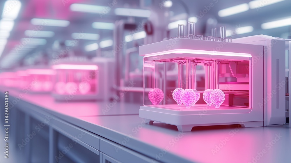Poster innovative 3d printing technology with heart-shaped objects in modern laboratory environment