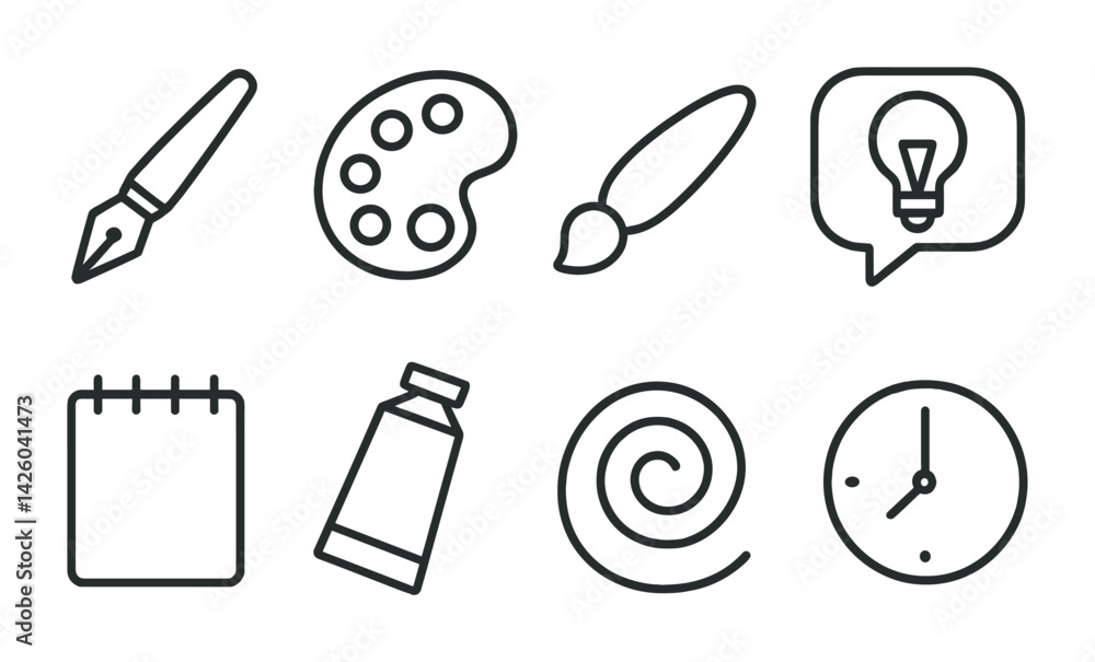 Poster creative tools icons set: artistic essentials in linear style