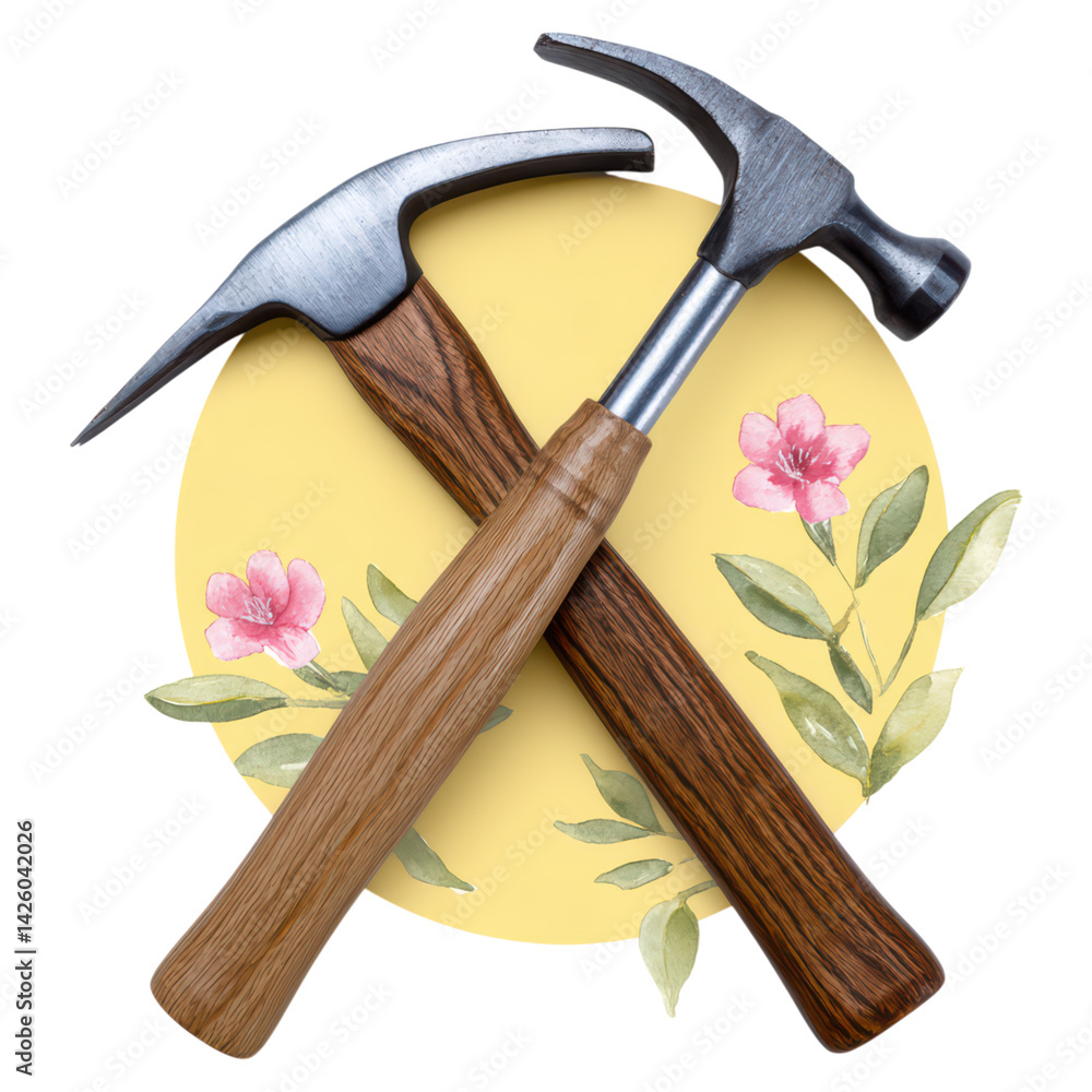 Poster two different hammers over yellow background with floral elements, isolated on transparent backgroun