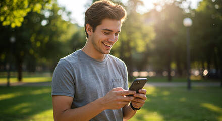 Happy young man smiles using phone in sunny park warm light blurred background